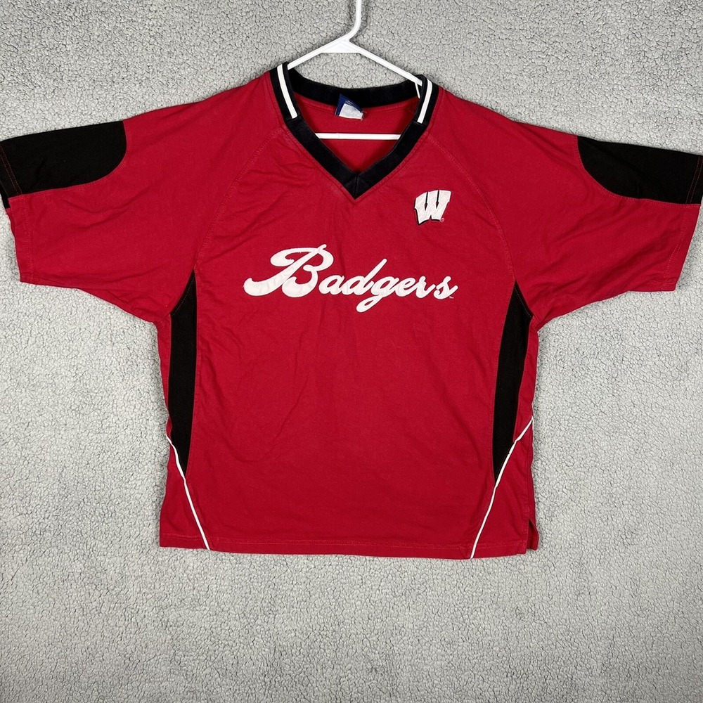 OVB Old Varsity Brand NCAA Wisconsin Badgers V Neck T Shirt Embroidered Script